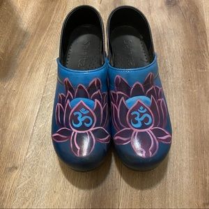 Sanita Women's Lotus Design Clogs - Blue and Purple Hand Painted. Size 38